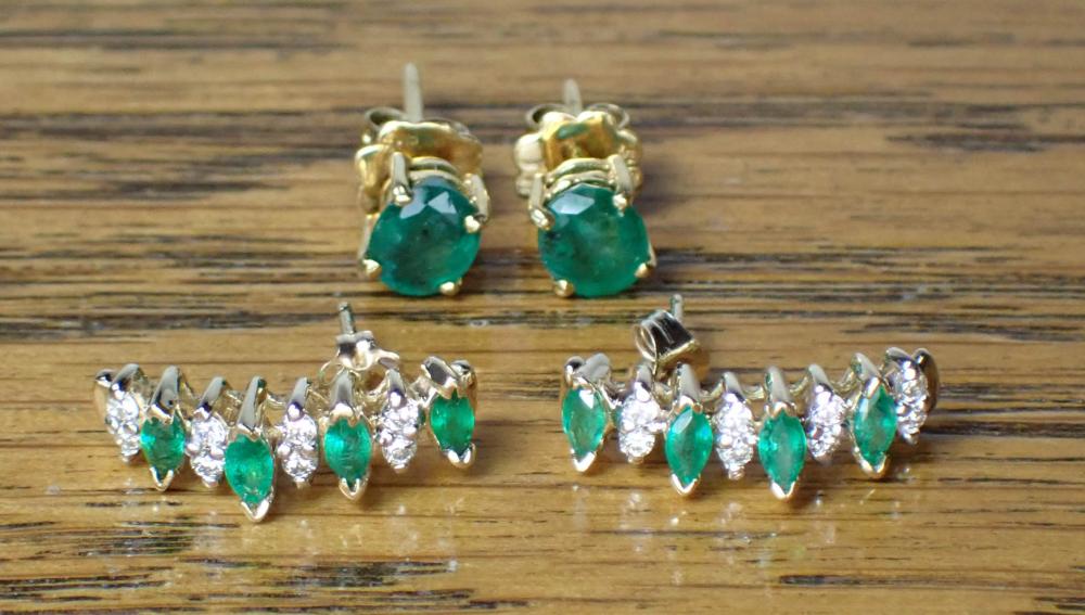 TWO PAIRS OF EMERALD AND GOLD