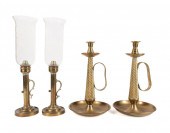 TWO PAIRS OF LARGE BRASS CANDL