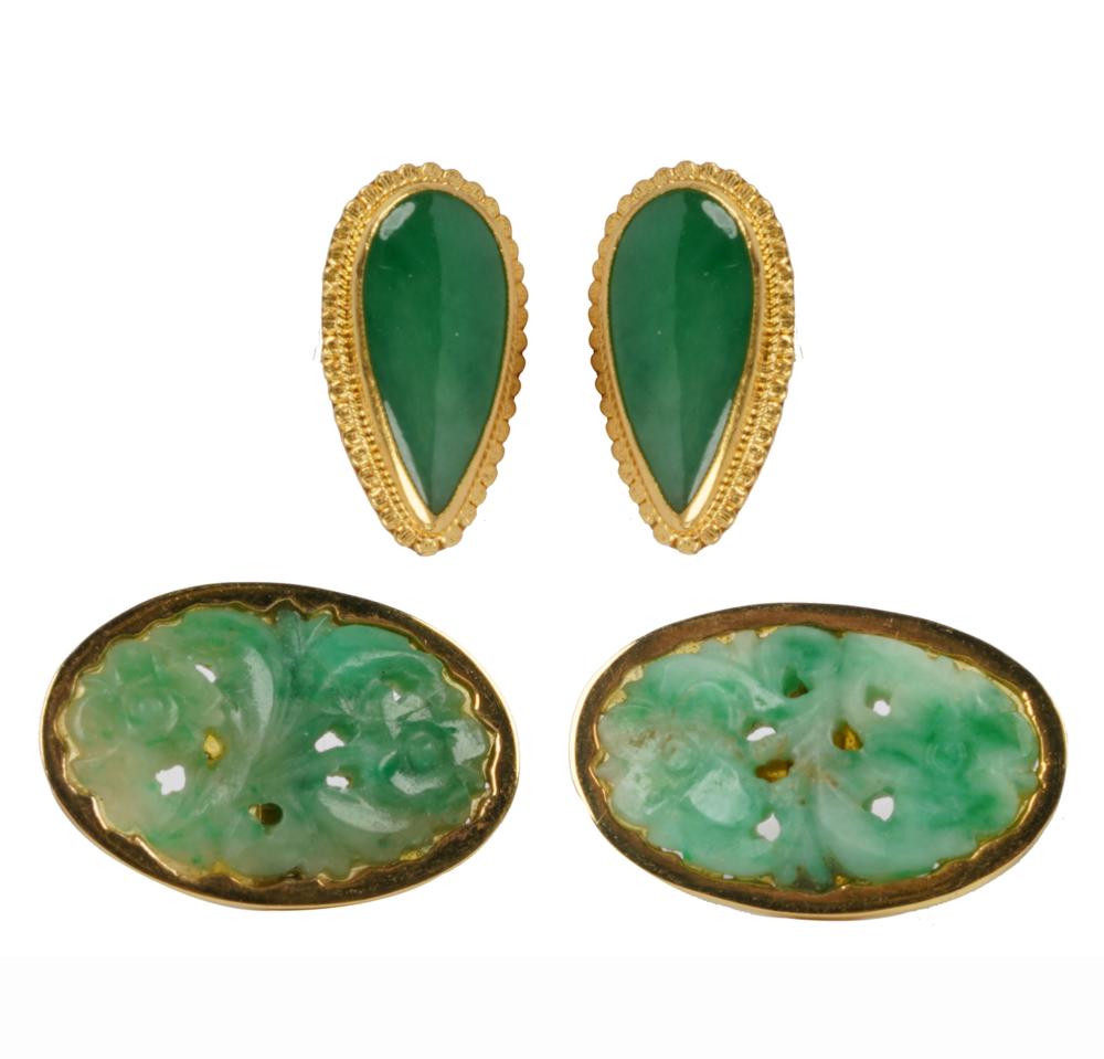 TWO PAIRS OF YELLOW GOLD & JADE