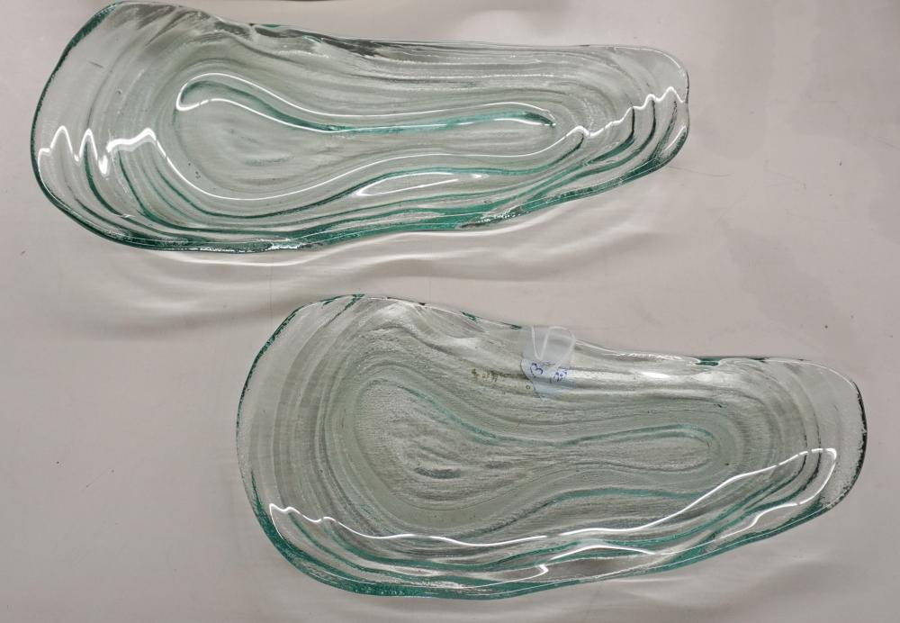 TWO PALE GREEN GLASS FREEFORM