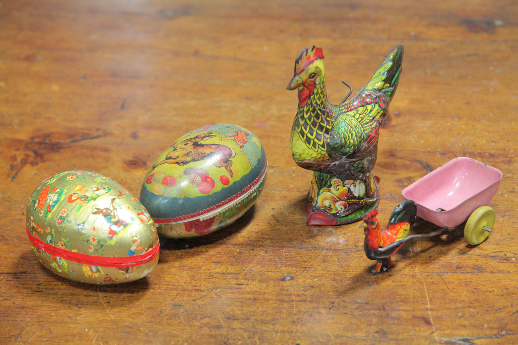 TWO PAPER MACHE EGGS AND TWO TIN