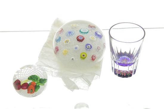 TWO PAPERWEIGHTS AND A GLASS.