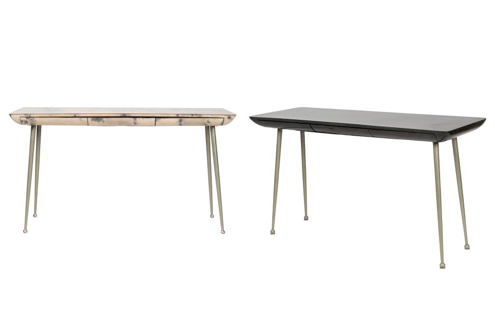 TWO PARCHMENT-VENEER & METAL SIDE