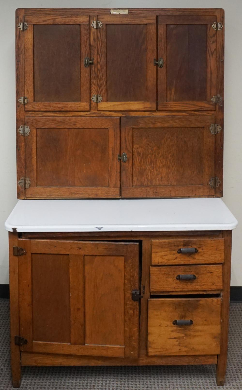 TWO-PART CHESTNUT HOOSIER CABINET