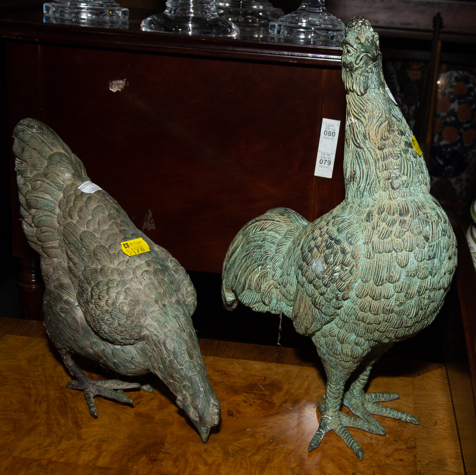 TWO PATINATED BRONZE CHICKENS