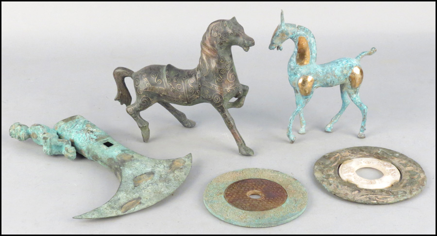 TWO PATINATED METAL AND CARVED