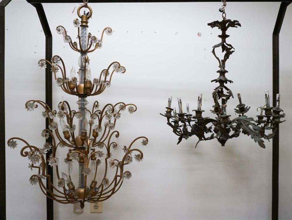 TWO PATINATED METAL CHANDELIERS, H: