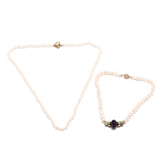 TWO PEARL AND GEM-SET NECKLACES The
