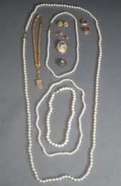 TWO PEARL NECKLACES, TWO RINGS