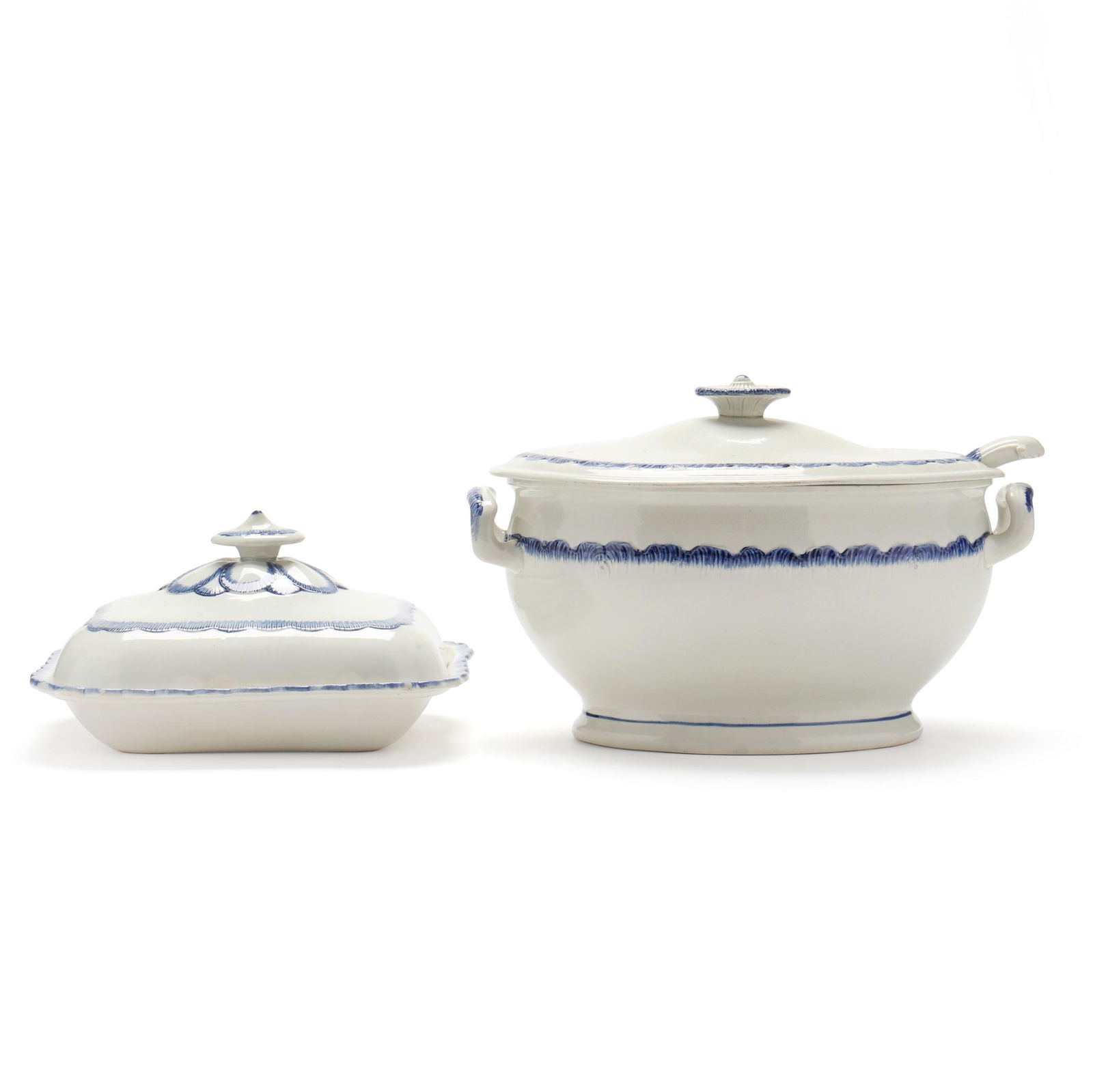 TWO PEARLWARE BLUE SHELL EDGE