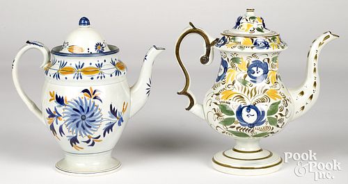 TWO PEARLWARE COFFEE POTS, EARLY