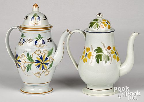 TWO PEARLWARE COFFEE POTS, EARLY