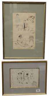 TWO PEN AND INK DRAWINGS BY JU