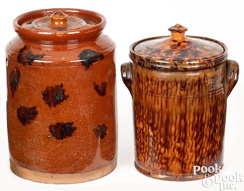 TWO PENNSYLVANIA REDWARE LIDDED