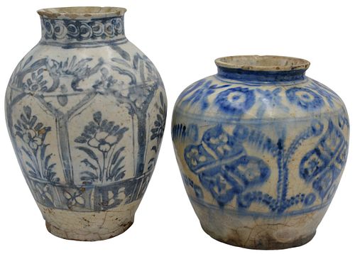 TWO PERSIAN BLUE AND WHITE GLAZED