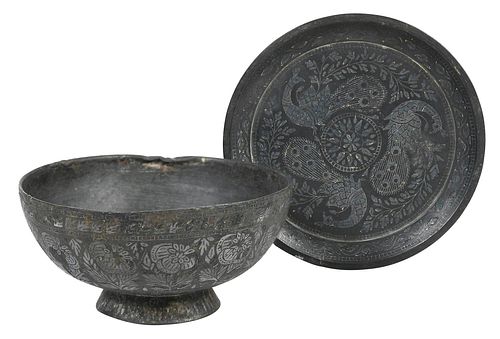 TWO PERSIAN PATINATED BRONZE INLAID