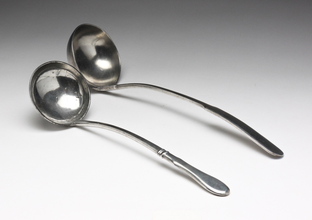 TWO PEWTER BOARDMAN LADLES.