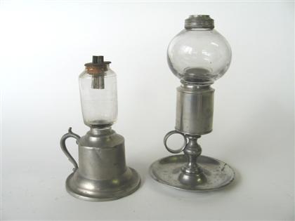Two pewter chamber lamps and two