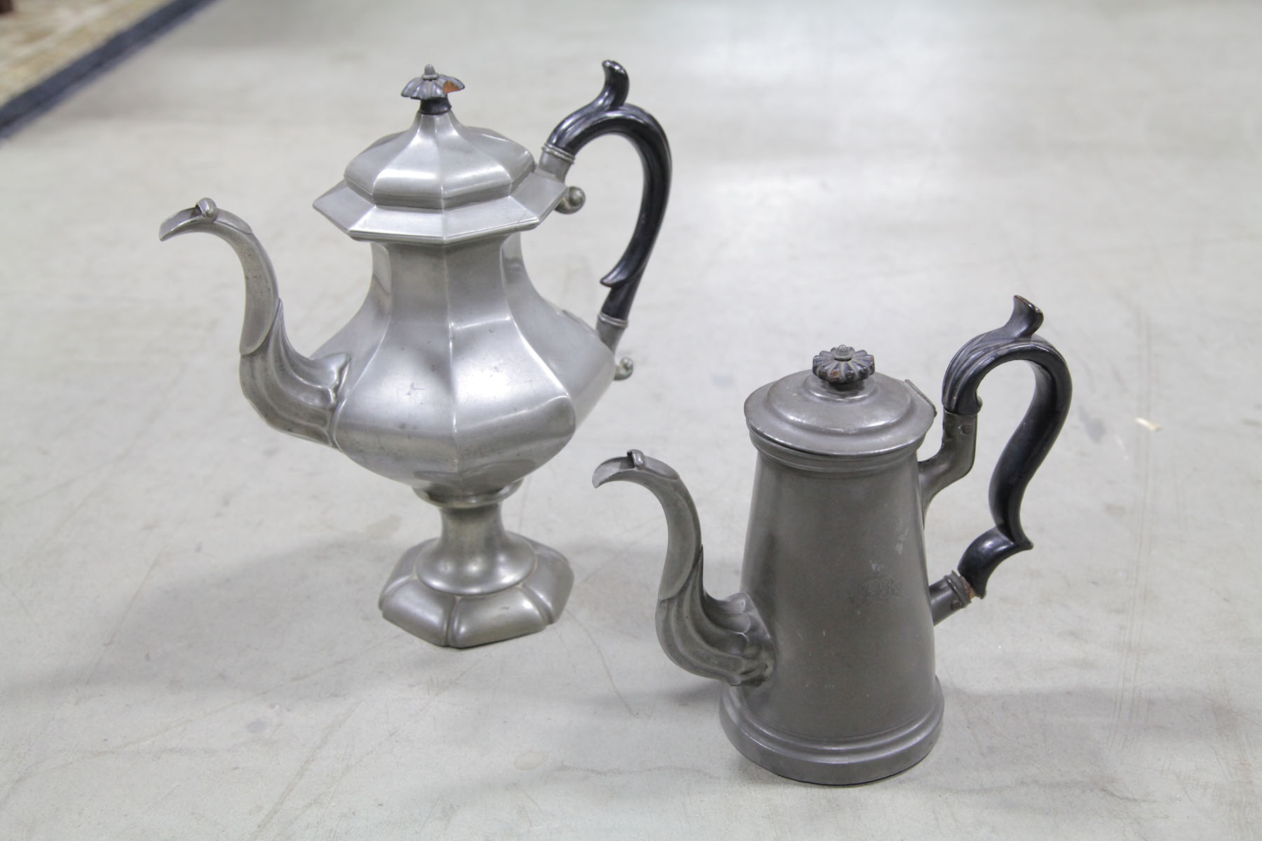 TWO PEWTER COFFEE POTS. 
