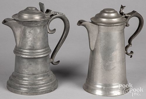 TWO PEWTER FLAGONS, 19TH C.Two