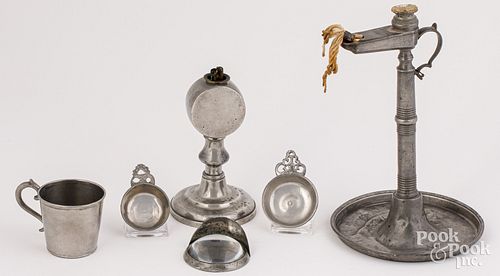 TWO PEWTER LAMPS, 19TH C.,