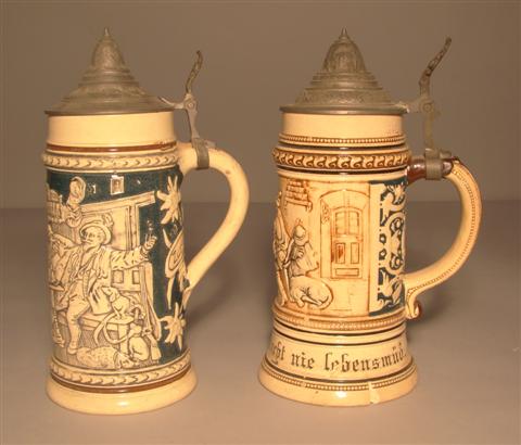 TWO PEWTER MOUNTED GERMAN STONEWARE