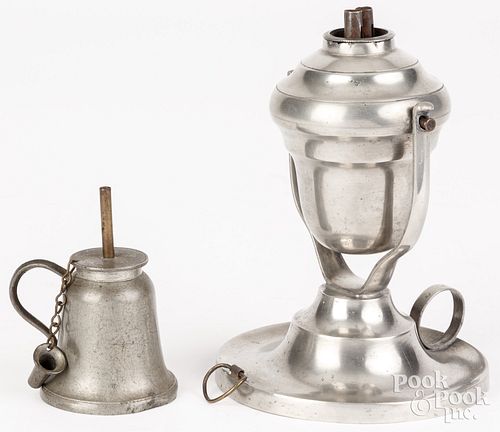 TWO PEWTER OIL LAMPS, 19TH C.Two