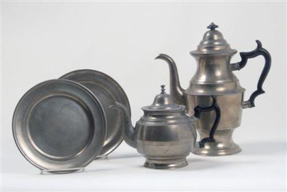 Two pewter plates, pewter coffeepot