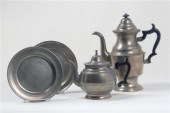 Two pewter plates, pewter coff