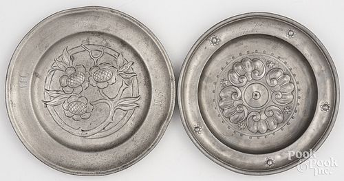 TWO PEWTER PLATES WITH FLORAL
