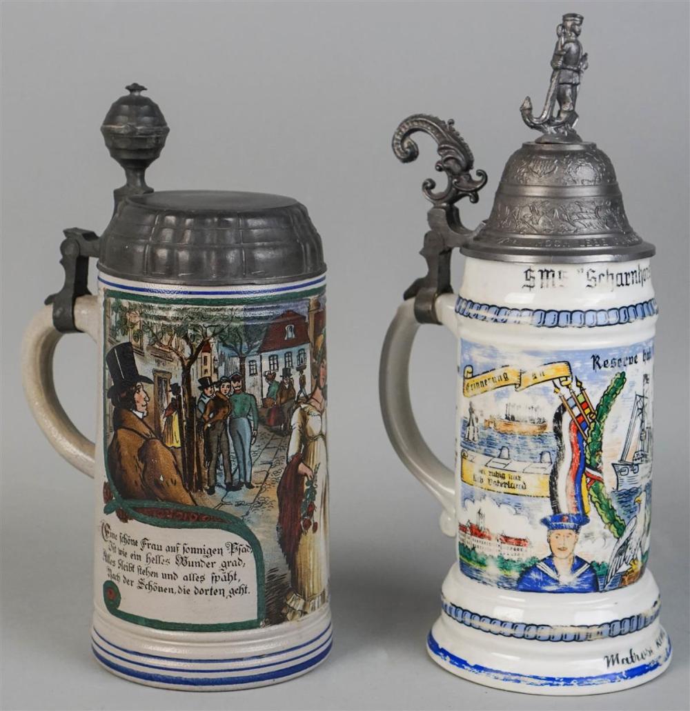 TWO PEWTER-TOPPED BEER STEINSTWO