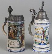 TWO PEWTER-TOPPED BEER STEINST