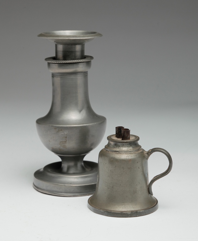 TWO PEWTER WHALE OIL LAMPS. First
