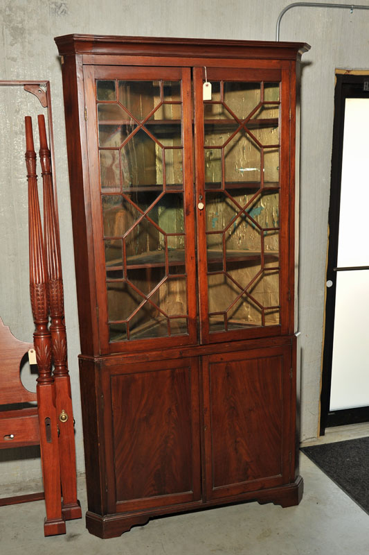 TWO PIECE CORNER CUPBOARD. Walnut