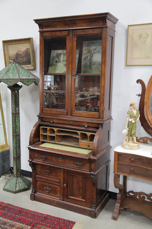 TWO PIECE SECRETARY BOOKCASE.