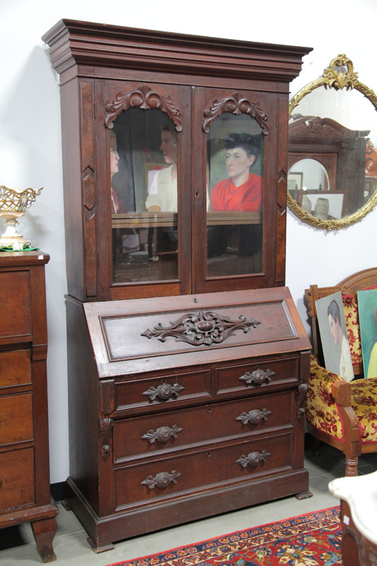 TWO PIECE SECRETARY BOOKCASE.