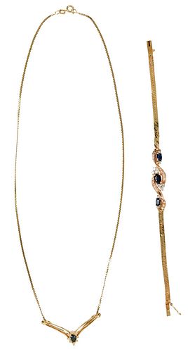 TWO PIECES 14KT. SAPPHIRE AND