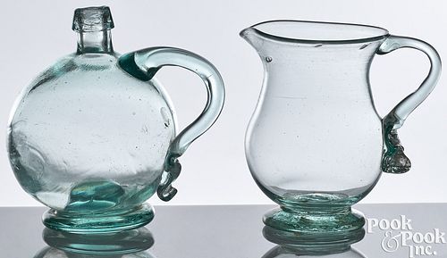 TWO PIECES OF BLOWN AQUA GLASS,
