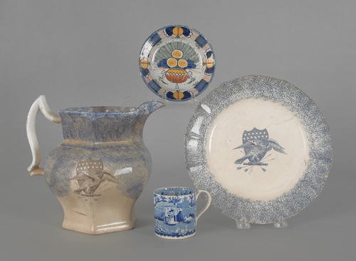 Two pieces of blue spatterware with