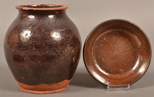 TWO PIECES OF GLAZED REDWARE