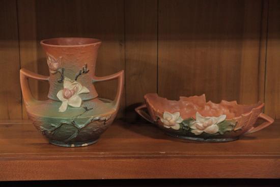 TWO PIECES OF ROSEVILLE POTTERY.