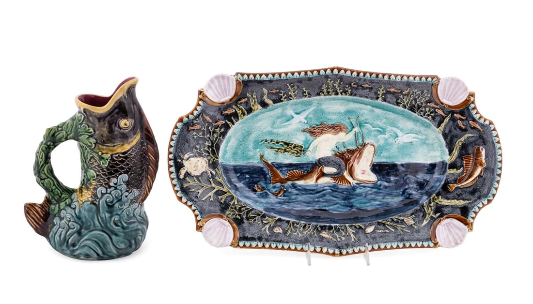 TWO PIECES, SEA LIFE MOTIF MAJOLICA