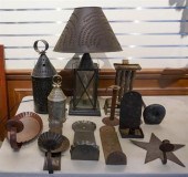TWO PIERCED TIN LANTERNS AND A