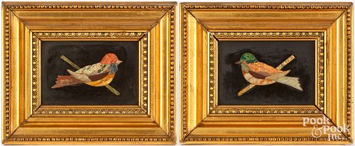TWO PIETRA DURA INLAID BIRD