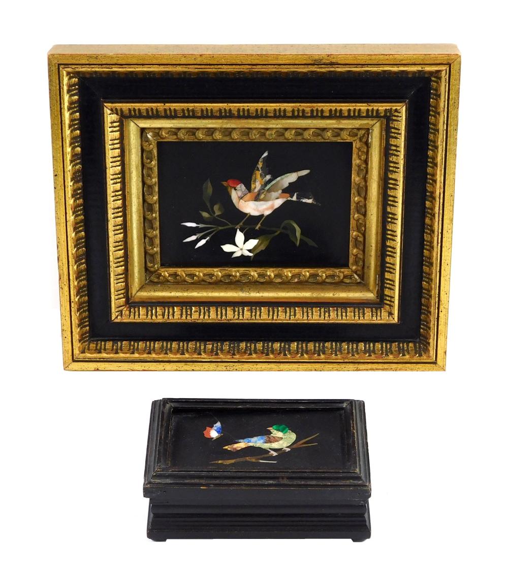 TWO PIETRA DURA WITH BIRD MOTIF,