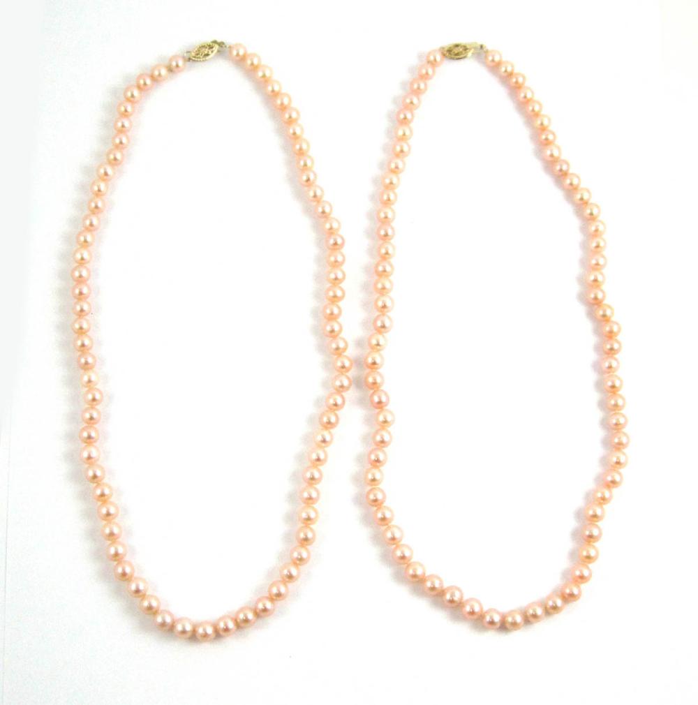TWO PINK PEARL AND FOURTEEN KARAT