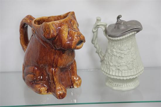 TWO PITCHERS. A Rockingham hound