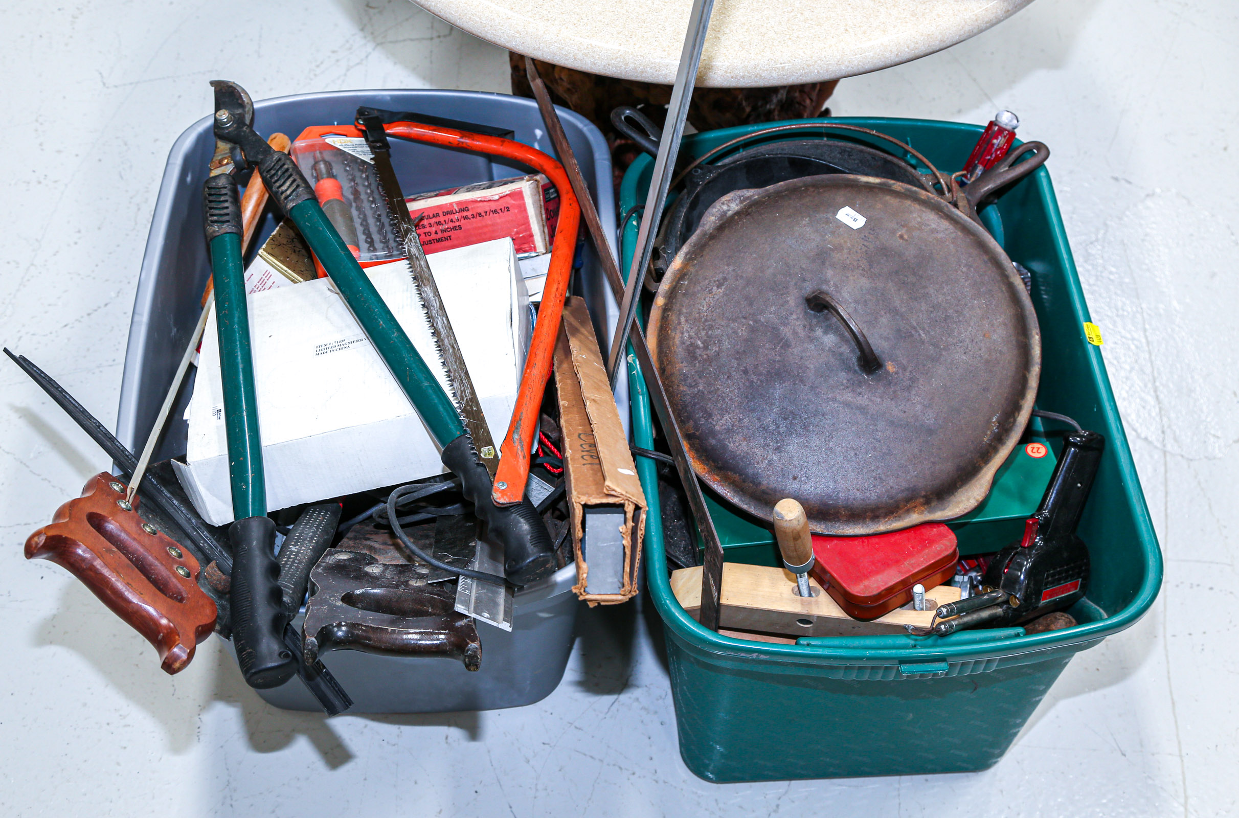TWO PLASTIC TOTES FILLED WITH TOOLS