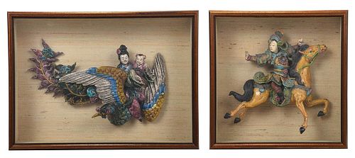 TWO POLYCHROME CERAMIC ROOF TILES