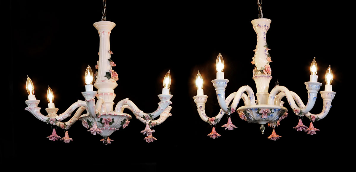 TWO PORCELAIN CHANDELIERS: Dangling